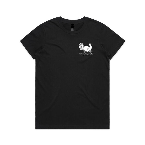 Lactic Turkey Logo - Small White Print - Womens Maple Tee Thumbnail